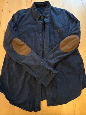 Men's Blue Cotton Button-Down Shirt with Brown Elbow Patches